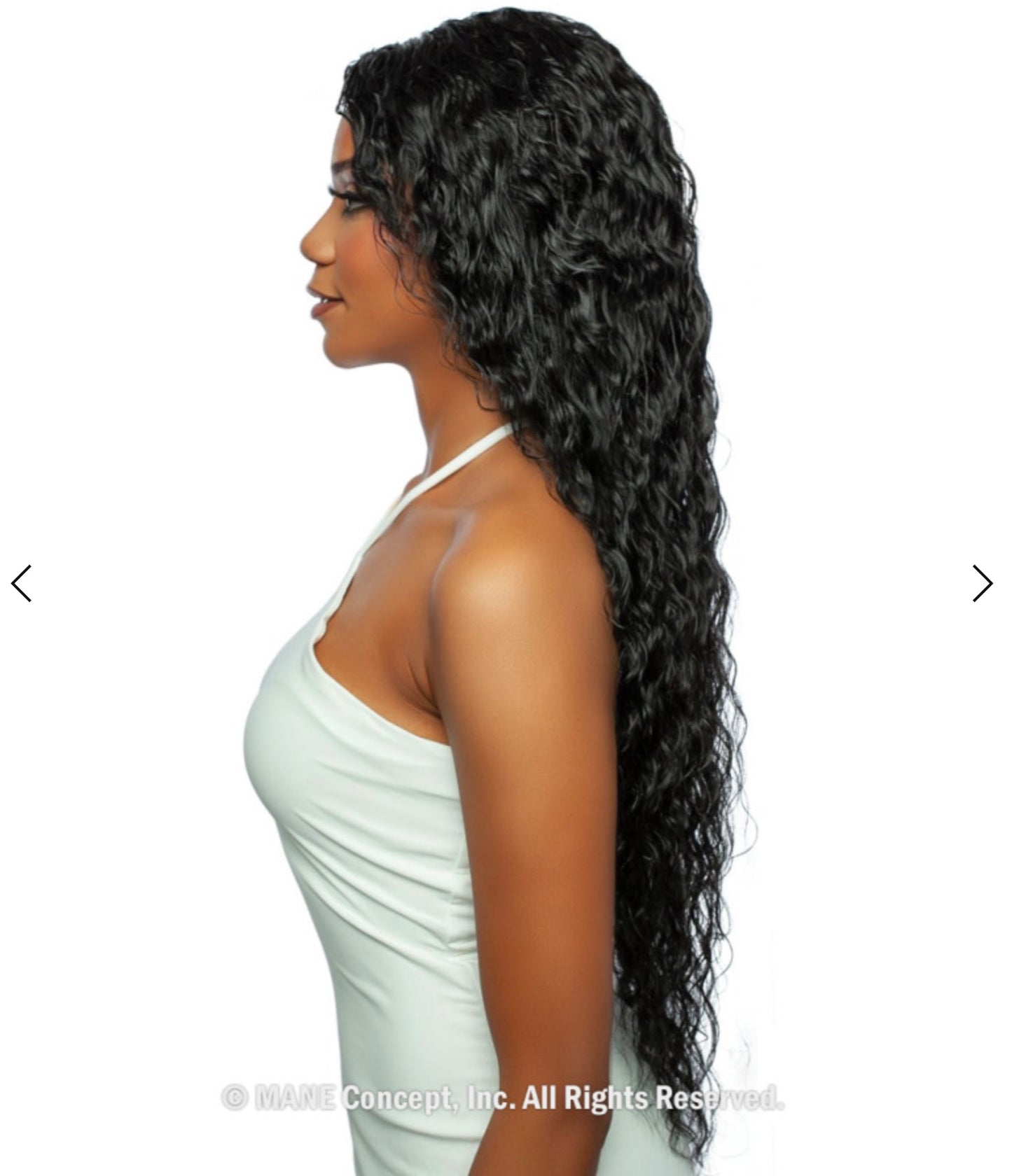 Woman in profile wearing a long 30-inch, black, wet & wavy Trill Lace Front Wig with deep waves.
