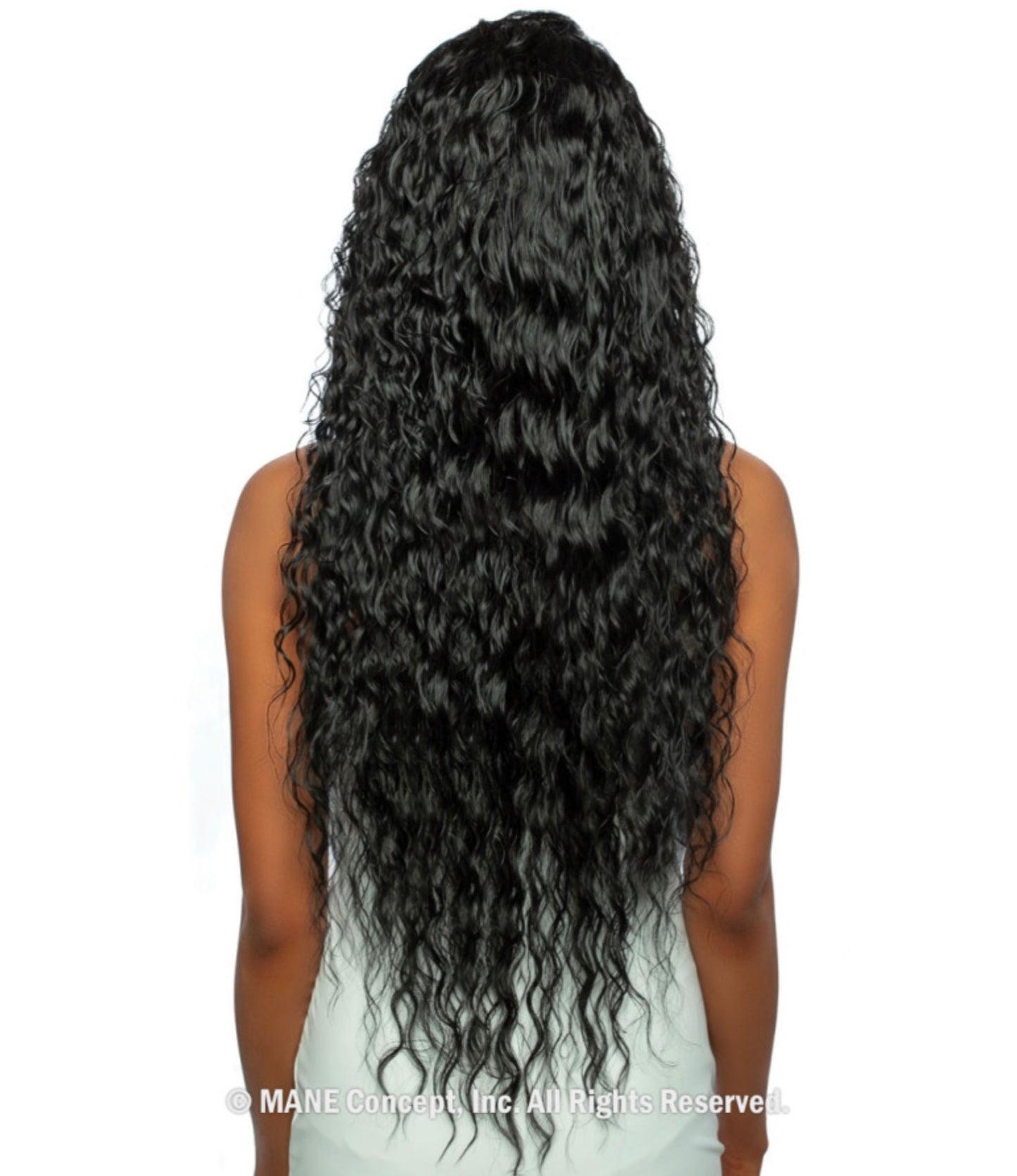 Trill Lace Front Wig: Woman from back wearing long 30-inch black wet & wavy deep wave hair.