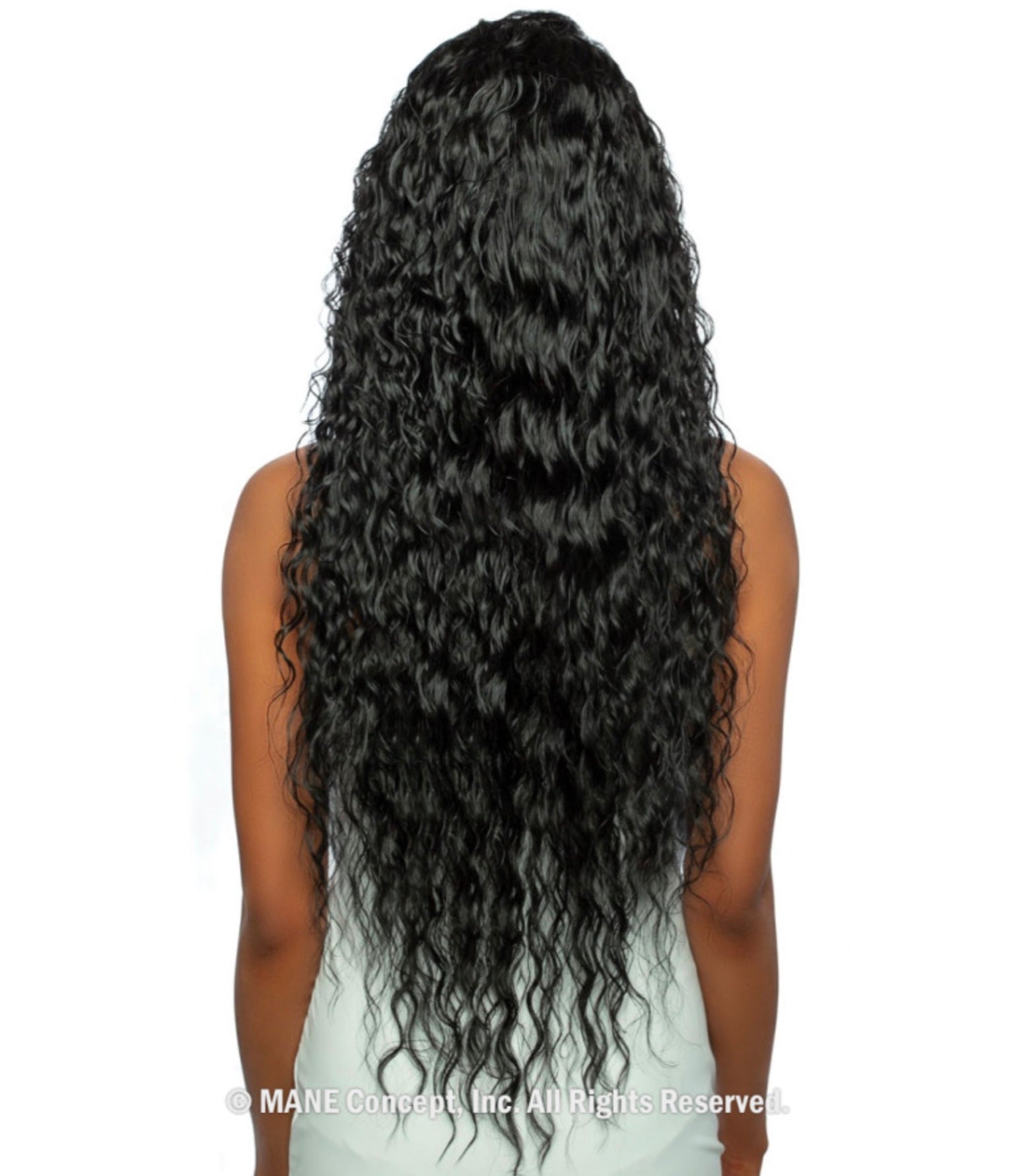 Trill Lace Front Wig: Woman from back wearing long 30-inch black wet & wavy deep wave hair.