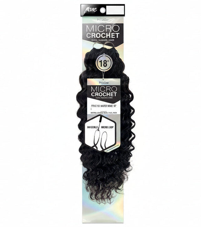 Packaging for Pristine Micro Crochet 18" Water Wave human hair, showing bundles of long, deep black waves.