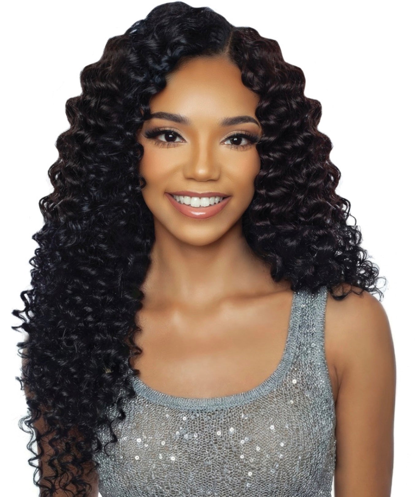 Smiling woman models Pristine Micro Crochet Deep Wave 18" hair. Long, dark, side-parted hair with deep waves.