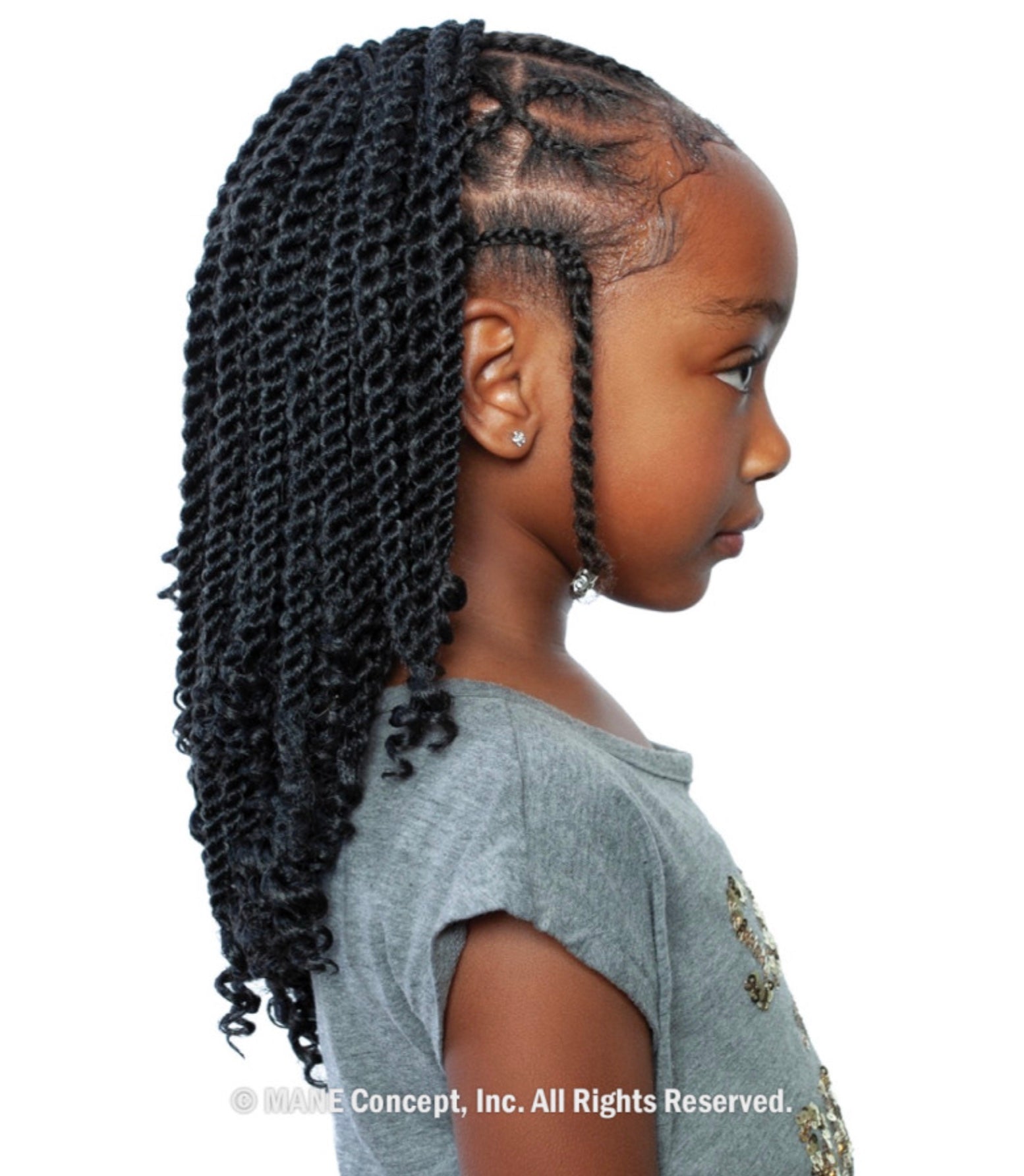 Side profile of a young Black girl with long black kinky twists, styled with cornrows and baby hairs. Featuring Afri Kids ...