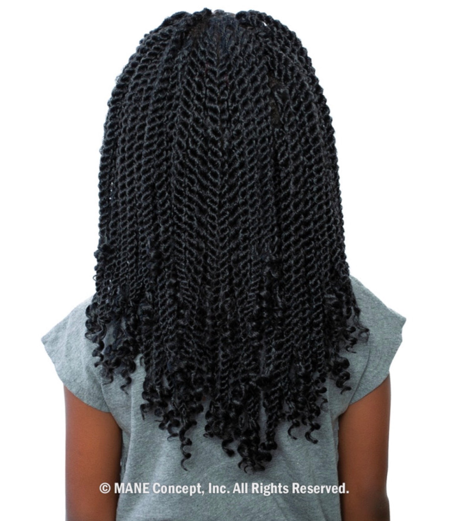 Back view of a person with Afri Kids I Define Pre-Stretched Easy Braid. Long black twists with curly ends, reaching mid-back.