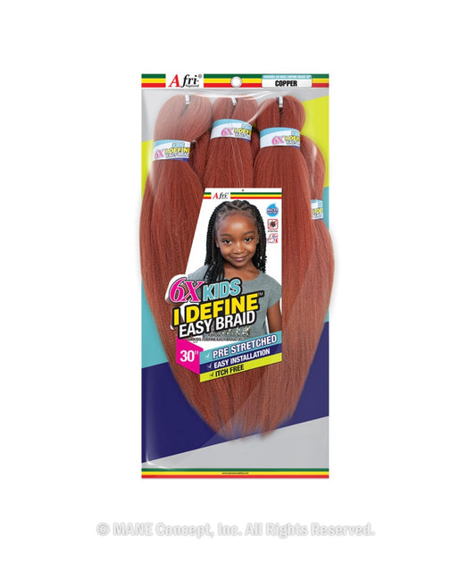 Afri Kids I Define Pre-Stretched Easy Braid 30" 6X copper braiding hair packaging with a smiling girl's photo.