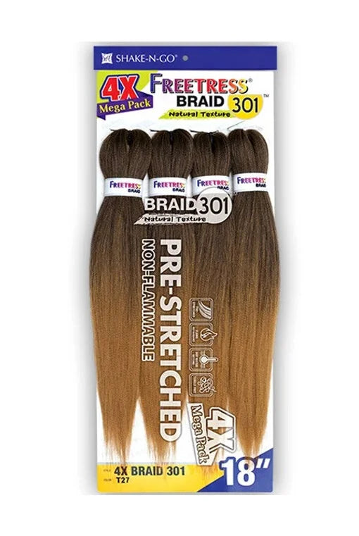 Product packaging for Freetress Braid 301 4X Pre-Stretched 18" braiding hair, ombre dark brown to honey blonde.