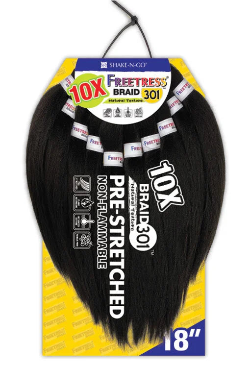 Product packaging for Freetress 10X Braid 301 18" pre-stretched black braiding hair, natural texture.