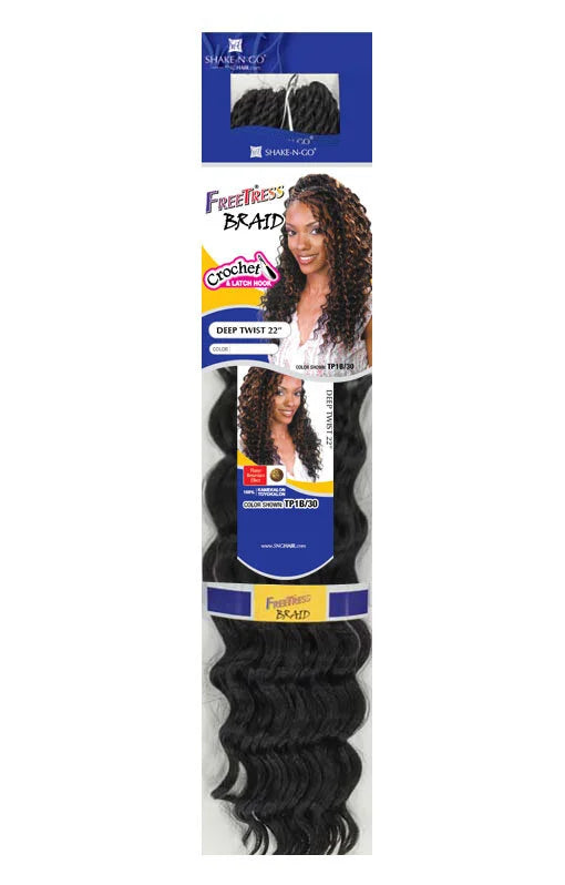 Freetress Deep Twist Bulk Crochet Hair 22" packaging shows a woman with long, curly brown hair and dark, deep wavy hair ex...