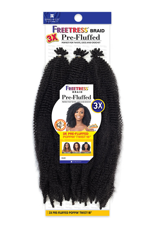 Packaging for Freetress 3X Pre-Fluffed Poppin' Twist 16" features black kinky hair and a woman in a curly style.