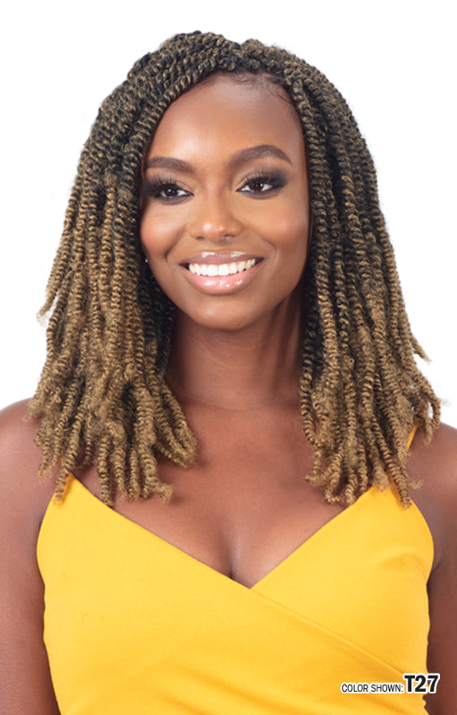 Smiling woman models Freetress 3X Pre-Fluffed Poppin' Twist 16" shoulder-length, T27 brown to honey blonde twists.