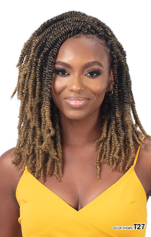 Smiling woman wears Freetress 3X Pre-Fluffed Poppin' Twist, shoulder-length T27 blonde ombre twists.