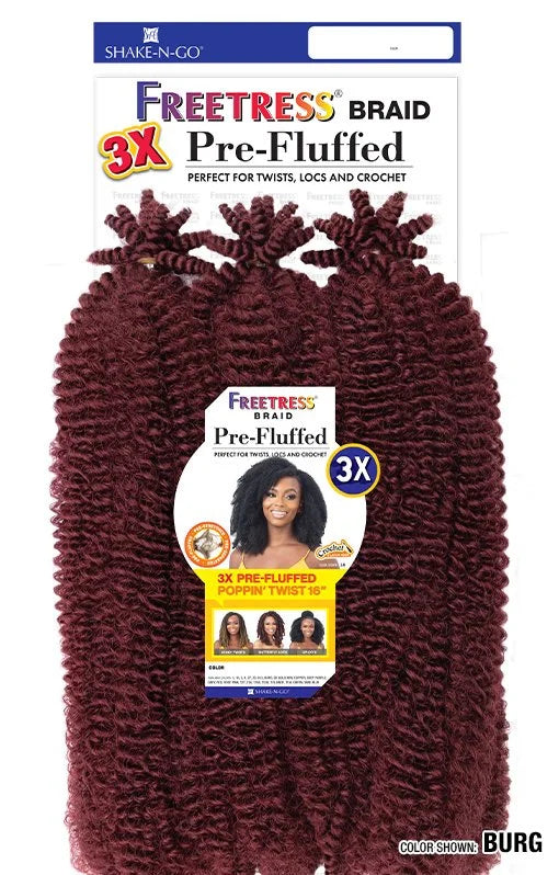 Bundles of Freetress 3X Pre-Fluffed Poppin' Twist 16" burgundy curly hair with product packaging.