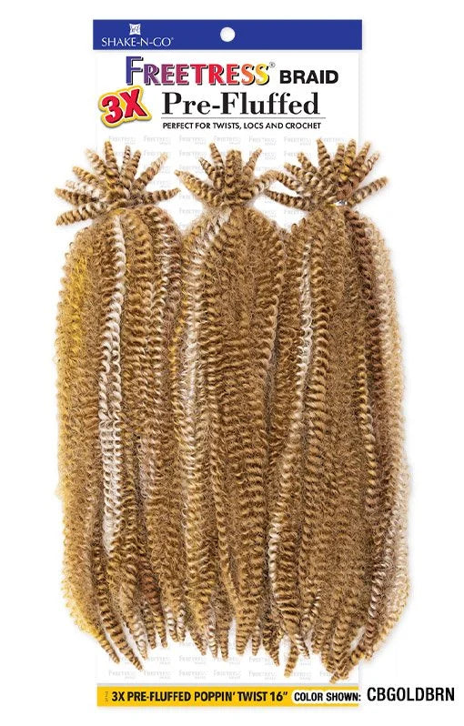 Freetress 3X Pre-Fluffed Poppin' Twist 16" packaging displays three bundles of fluffy, tightly twisted golden-brown hair.