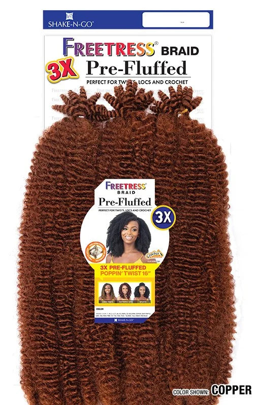 Packaging for Freetress 3X Pre-Fluffed Poppin' Twist 16" hair extensions in a vibrant copper color, displaying its volumin...