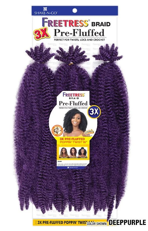 Deep purple Freetress 3X Pre-Fluffed Poppin' Twist 16" hair extension packaging displays curly bundles.