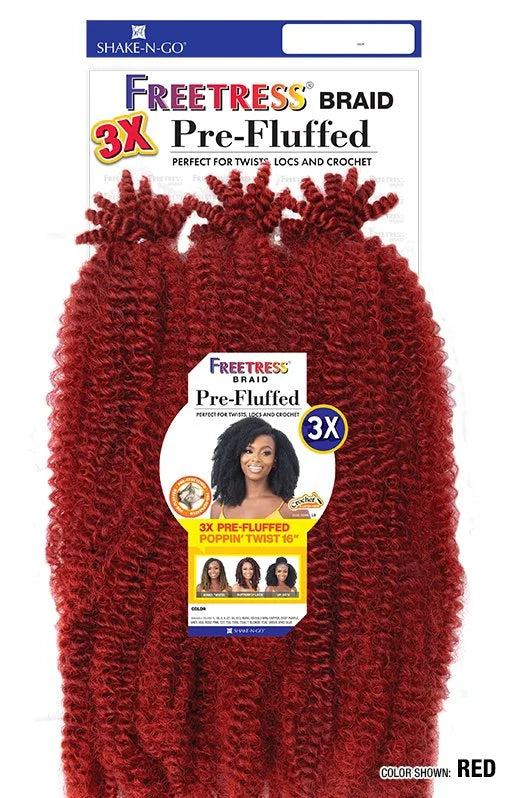 Red kinky-curly Freetress 3X Pre-Fluffed Poppin' Twist 16" hair bundles with product packaging.