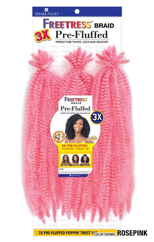 Freetress 3X Pre-Fluffed Poppin' Twist 16" hair product packaging showing three bundles of kinky rosepink hair.