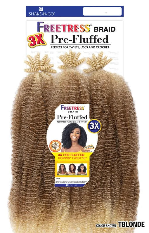 Product packaging for Freetress 3X Pre-Fluffed Poppin' Twist 16" showing wavy, ombre brown to blonde extensions.