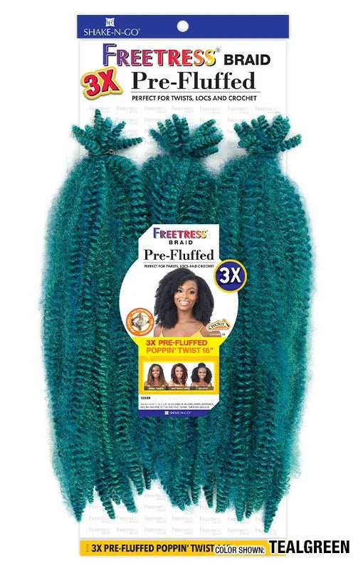 Packaging for Freetress 3X Pre-Fluffed Poppin' Twist 16, with three bundles of vibrant teal green kinky hair.