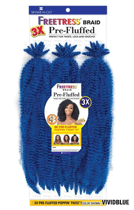 Freetress 3X Pre-Fluffed Poppin' Twist 16" hair product packaging with three bundles of vivid blue, kinky-curly hair.