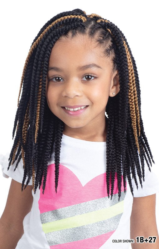 Young girl wears Freetress Braid 3X Kids-Box Braid 9" crochet braids, shoulder-length, black and blonde.