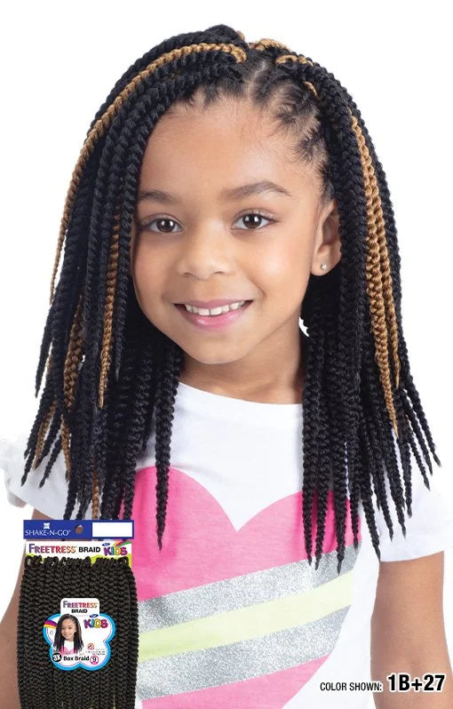 Smiling girl models Freetress Braid 3X Kids-Box Braids. Black and light brown crochet braids, shoulder-length. Packaging v...