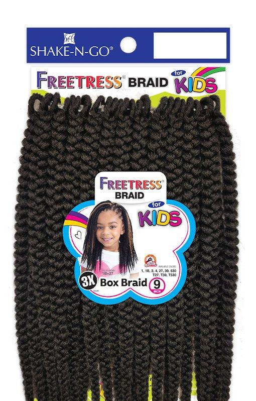 Freetress Braid 3X Kids-Box Braid 9 inch crochet braids packaging with dark brown pre-looped hair. Features a smiling chil...