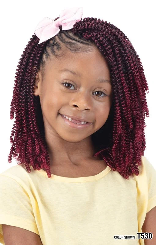 Young girl wearing Freetress Braid 3X Kids-Bohemian Curl 8" crochet hair in deep red, styled shoulder-length with a pink bow.