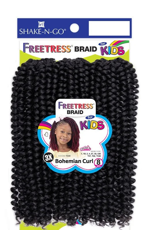 Packaging for Freetress Braid 3X Kids-Bohemian Curl 8" Crochet Hair, featuring black, springy curls and a child model with...