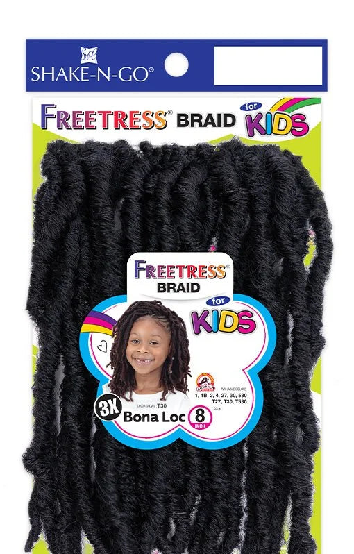 Freetress Braid 3X Kids-Bona Loc 8" Crochet Faux Locs packaging with black hair and a smiling child model.