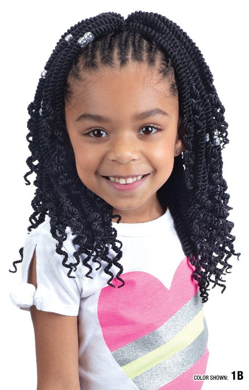 Young girl with Freetress Braid 3X Kids-Senegal Twist with Curls 8". Features black twists, cornrowed front, clear beads, ...