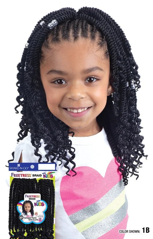 Smiling child models Freetress Braid Kids-Senegal Twist with Curls 8" hair: dark, shoulder-length, beaded twists & curls. ...