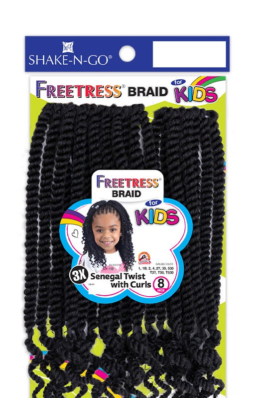 Product packaging for Freetress Braid 3X Kids-Senegal Twist with Curls 8 Inch hair. Shows black twisted bundles and a smil...