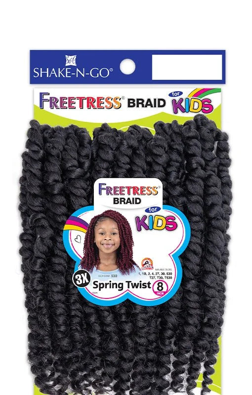 Freetress Braid 3X Kids-Spring Twist 8" Crochet Hair packaging. Shows coiled black hair and a child with reddish twists.