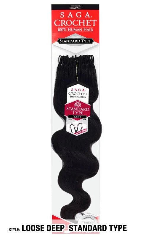 Saga Crochet 100% Human Hair Pre-Loop Type Loose Deep hair product packaging. Shows wavy black strands.