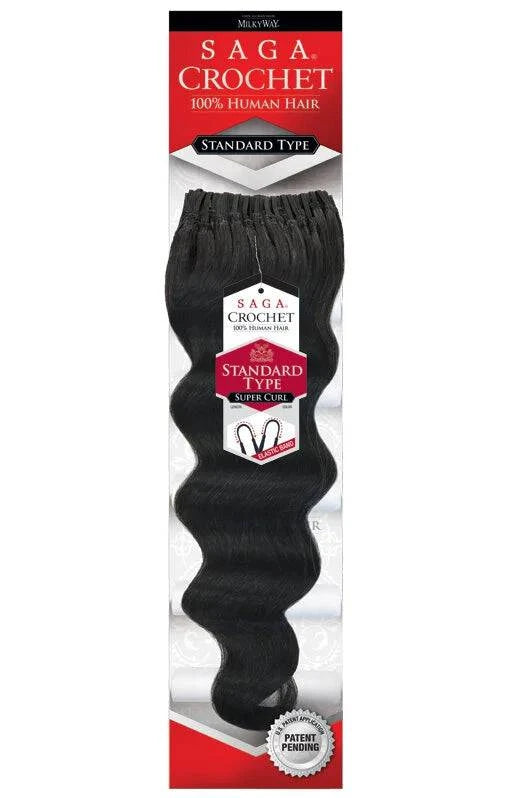 Saga Crochet 100% Human Hair Standard Type Super Curl product packaging displays black, loose wavy extensions.