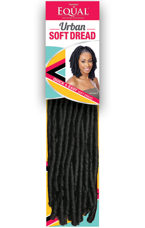 Freetress Urban Soft Dread packaging: woman with shoulder-length dark soft dreads and bundles of black pre-looped crochet ...