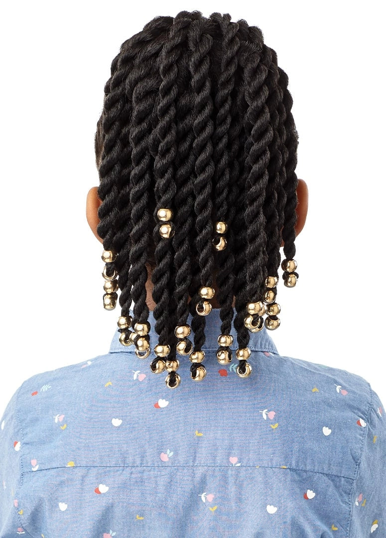 Back view of a person with the LIL LOOKS Drawstring Ponytail. Dark 12-inch beaded twists, adorned with many gold beads.