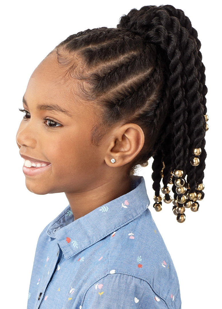 Smiling girl wears a LIL LOOKS Drawstring Ponytail - Beaded Twists 12". High black twisted ponytail with gold beads and co...