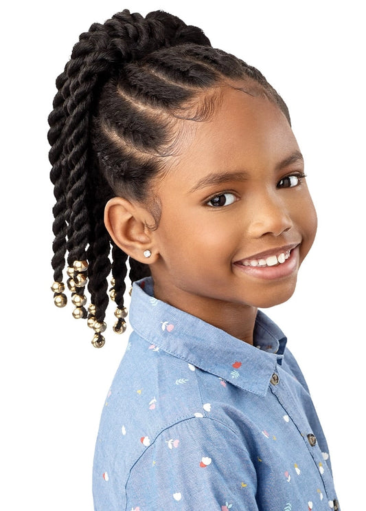 Smiling girl wearing LIL LOOKS Beaded Twists 12" drawstring ponytail with dark, thick twists and gold beads.