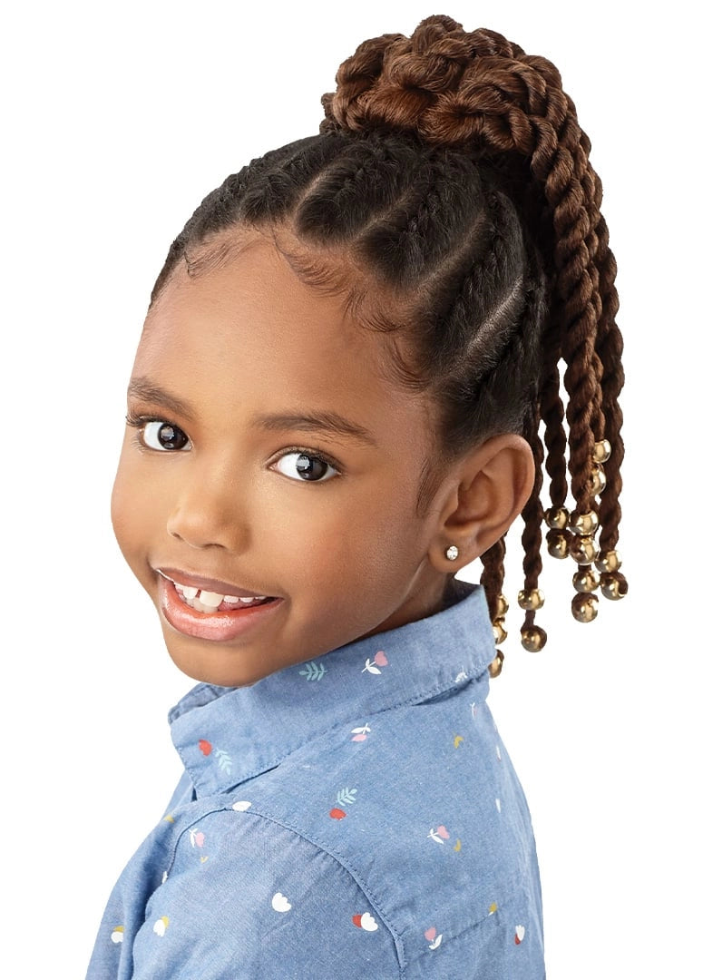 Young girl wears LIL LOOKS Drawstring Ponytail Beaded Twists, a high brown twisted ponytail with gold beads.
