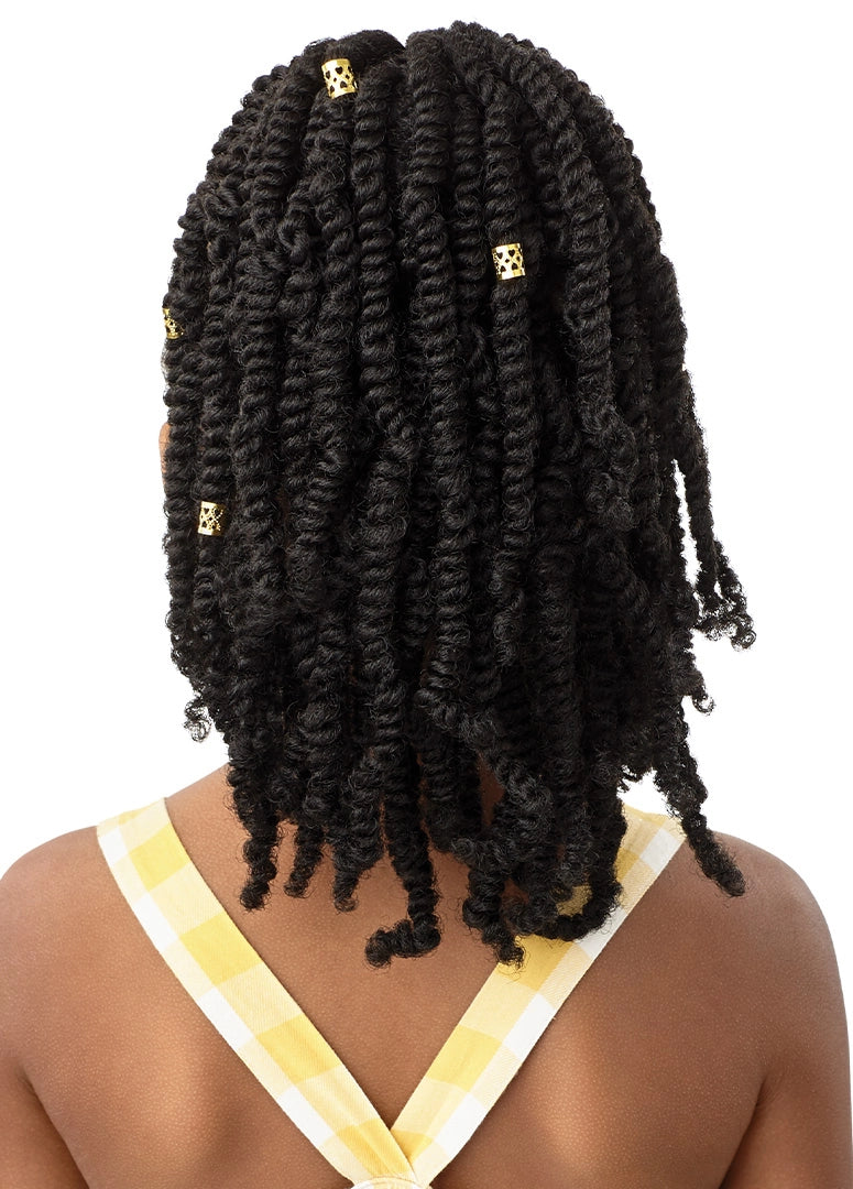 Rear view of a person wearing LIL LOOKS 12" Drawstring Ponytail. Black Gold Cuffed Bomb Twists reach just past their shoul...