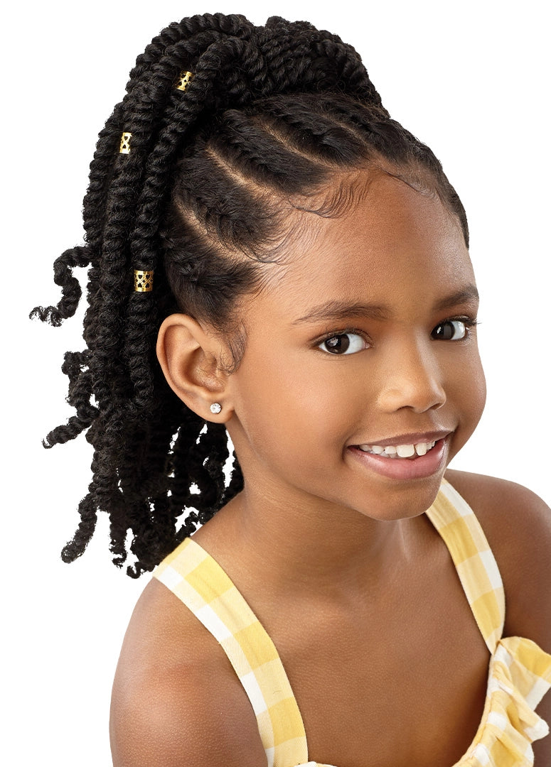 Smiling girl wearing LIL LOOKS Drawstring Ponytail: black Gold Cuffed Bomb Twists in a high ponytail with cornrows.
