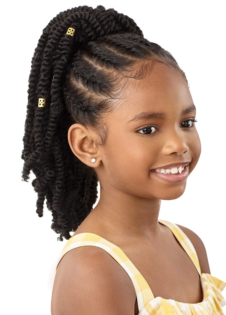 Young girl wearing LIL LOOKS 12" Gold Cuffed Bomb Twists Drawstring Ponytail, styled high with braided base.