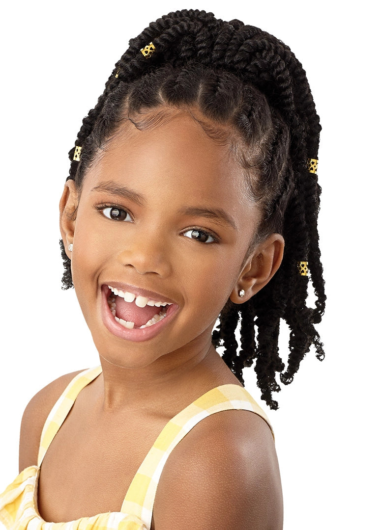 Smiling young girl wearing LIL LOOKS Gold Cuffed Bomb Twists 12" Drawstring Ponytail, styled high with black twists.