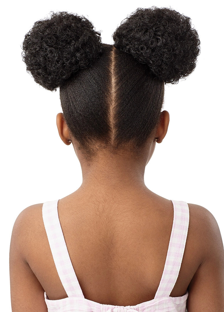 Back view of a child with black, afro-textured hair styled in two puffs, parted down the middle, showcasing LIL LOOKS Mini...