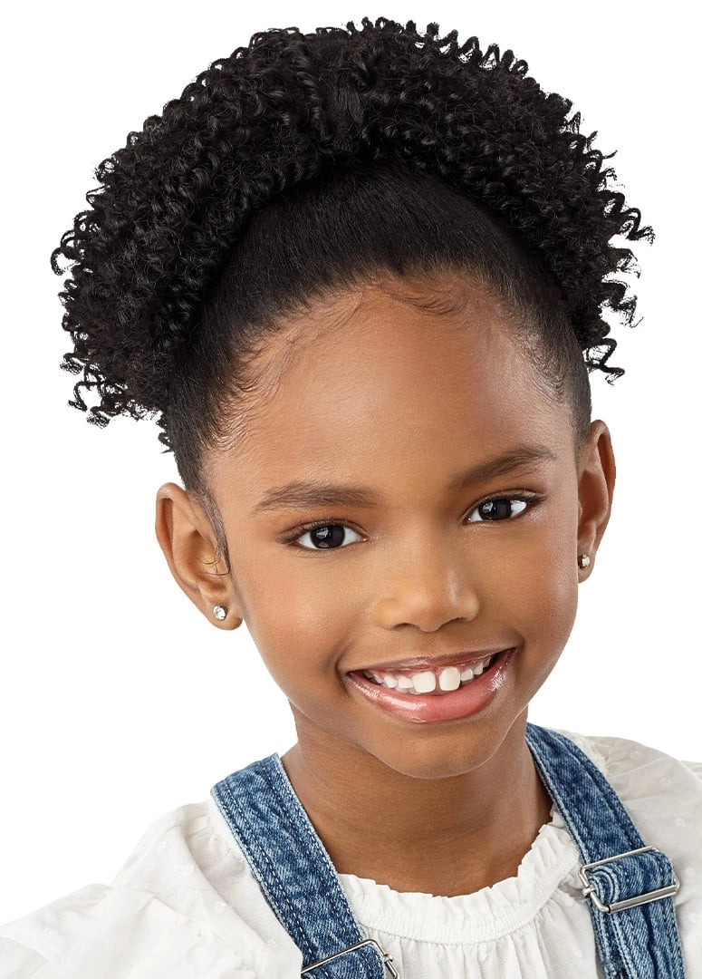 Smiling young girl wearing the LIL LOOKS Springy Coils 8" Drawstring Ponytail in black, styled high and full.