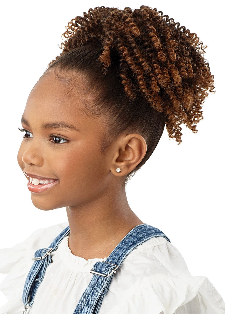 Young girl wearing LIL LOOKS Drawstring Ponytail Springy Coils 8", an auburn, voluminous, high curly style.
