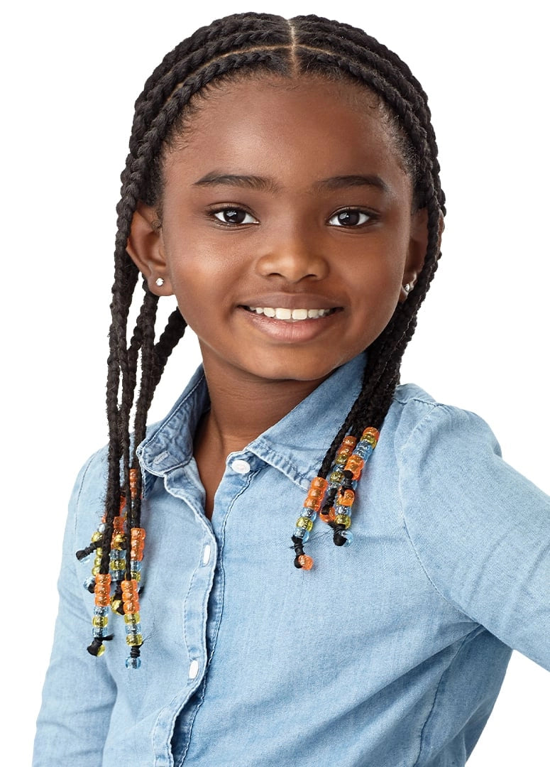 Young girl with X-Pression LIL LOOKS Braiding Hair: shoulder-length black box braids with colorful beads.