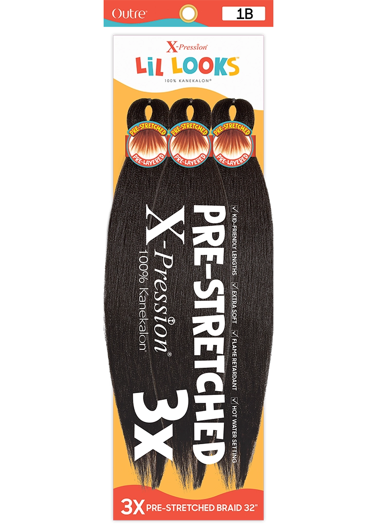 Product packaging for X-Pression LIL LOOKS Pre-Stretched Braiding Hair 3X, displaying three bundles of black, 32" kanekalo...