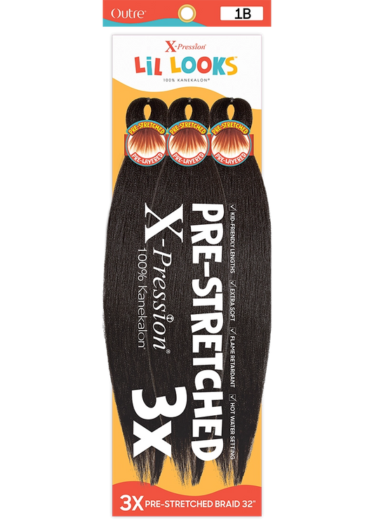 Product packaging for X-Pression LIL LOOKS Pre-Stretched Braiding Hair 3X, displaying three bundles of black, 32" kanekalo...